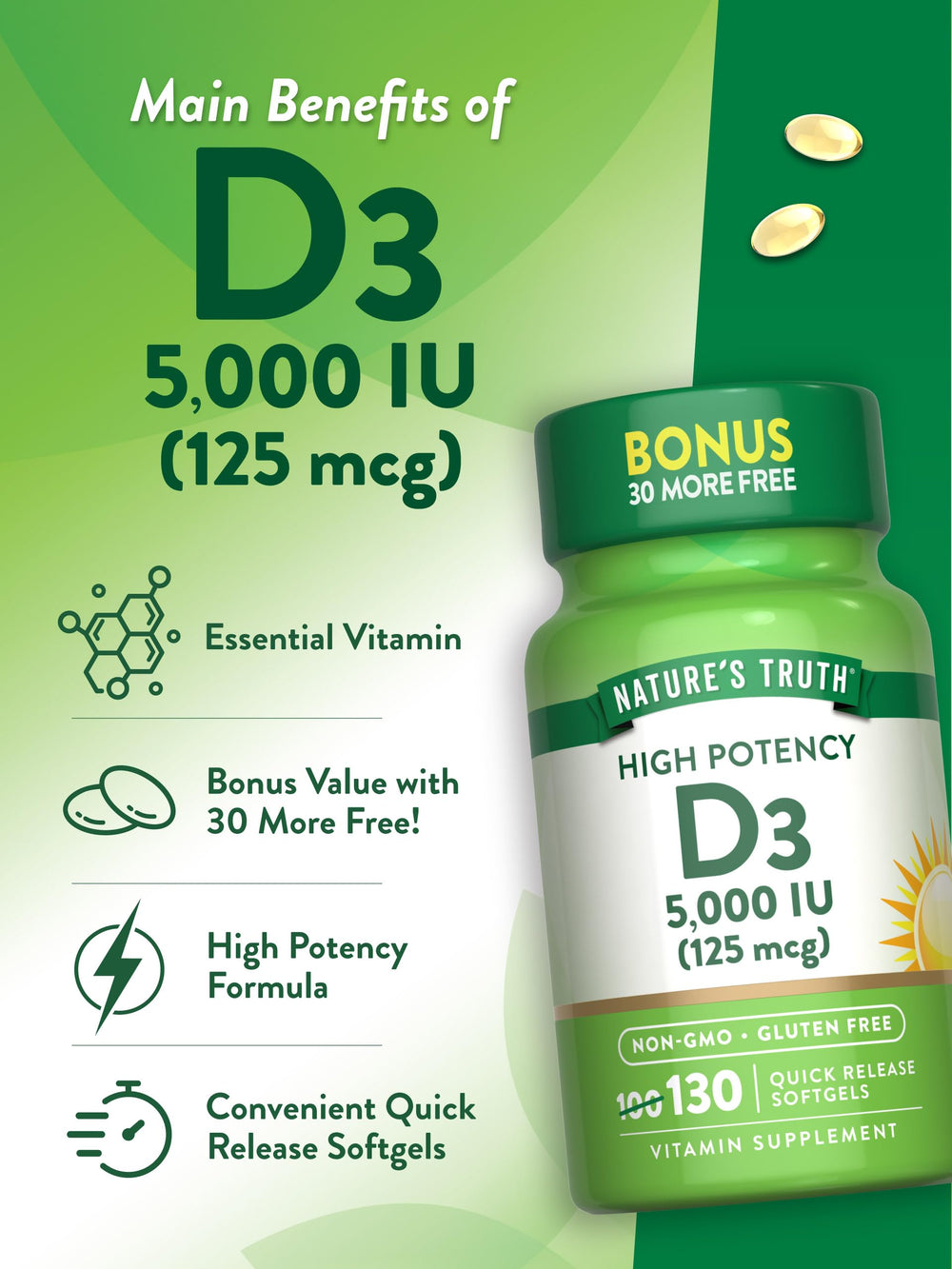 Gluten-free and non-GMO badge on Nature's Truth Vitamin D3 packaging.
