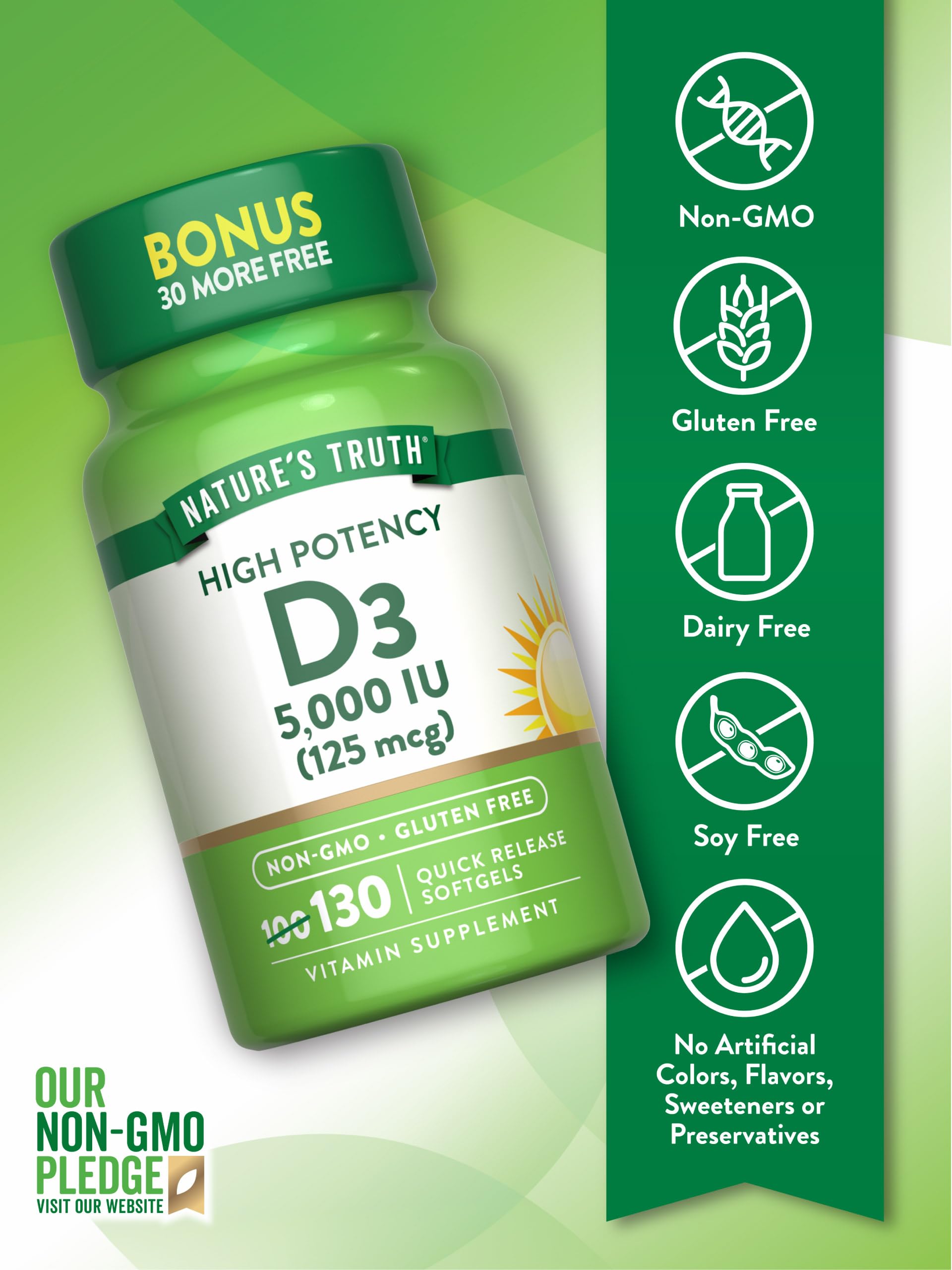 Bottle label showing gluten-free and non-GMO status for Nature's Truth Vitamin D3.