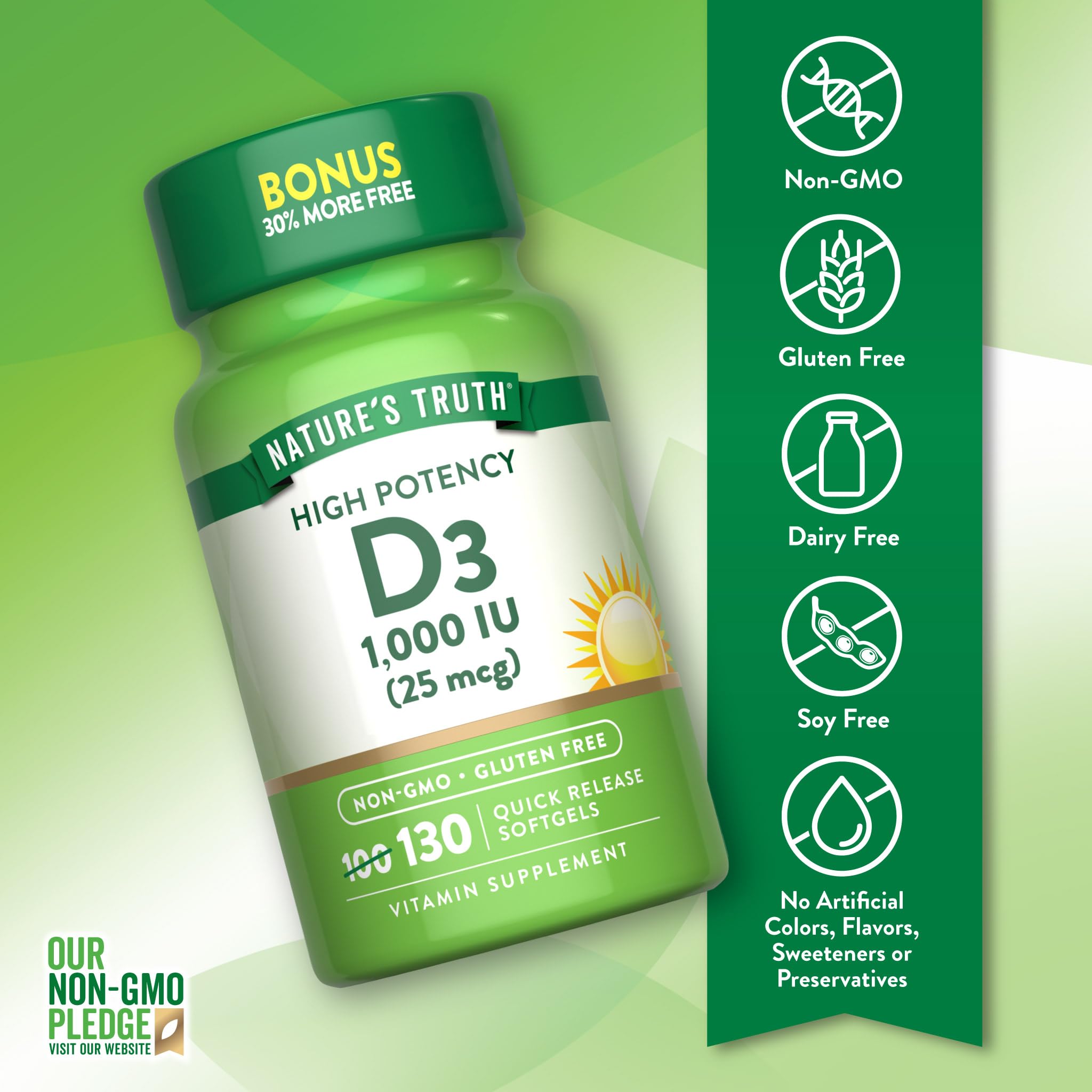 Nature's Truth Vitamin D3 label highlights gluten-free and non-GMO features.