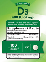 Close-up of Nature's Truth Vitamin D3 label on bottle for easy reference