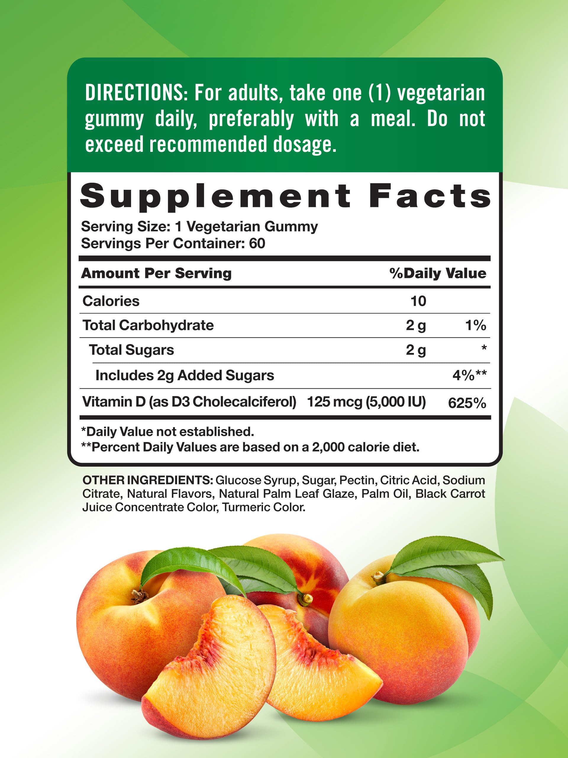 Nature's Truth Vitamin D3 Gummies peach bottle back, clear ingredient notes.