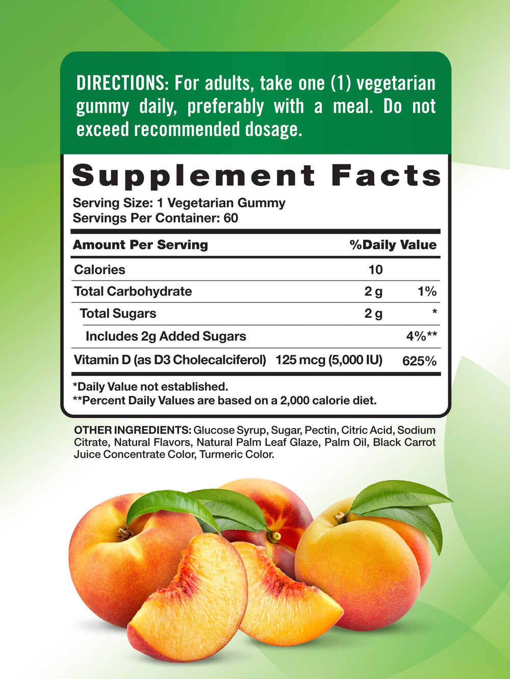 Nature's Truth Vitamin D3 Gummies peach bottle back, clear ingredient notes.