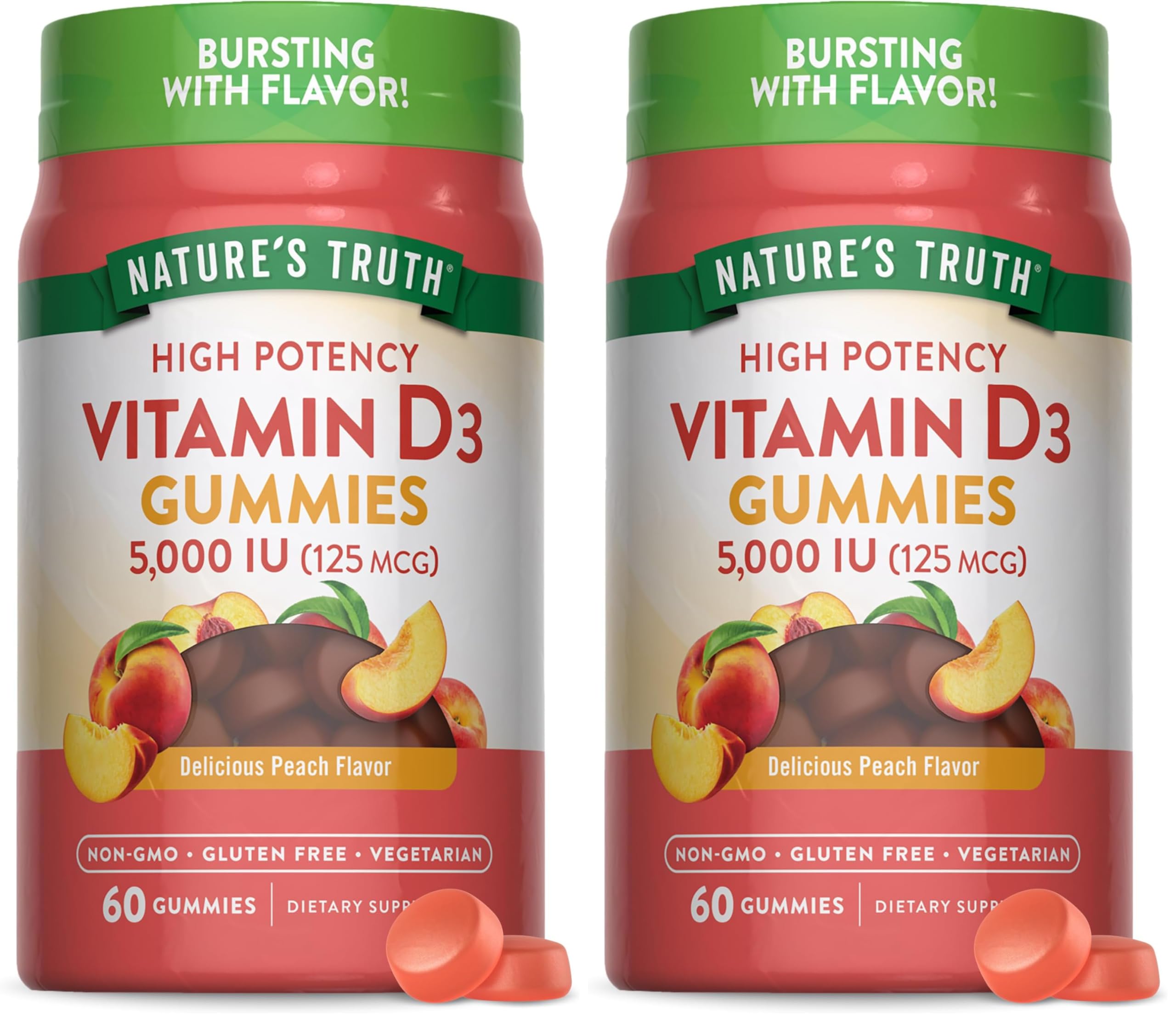 Nature's Truth Vitamin D3 Gummies peach bottle front, a tasty daily supplement option.