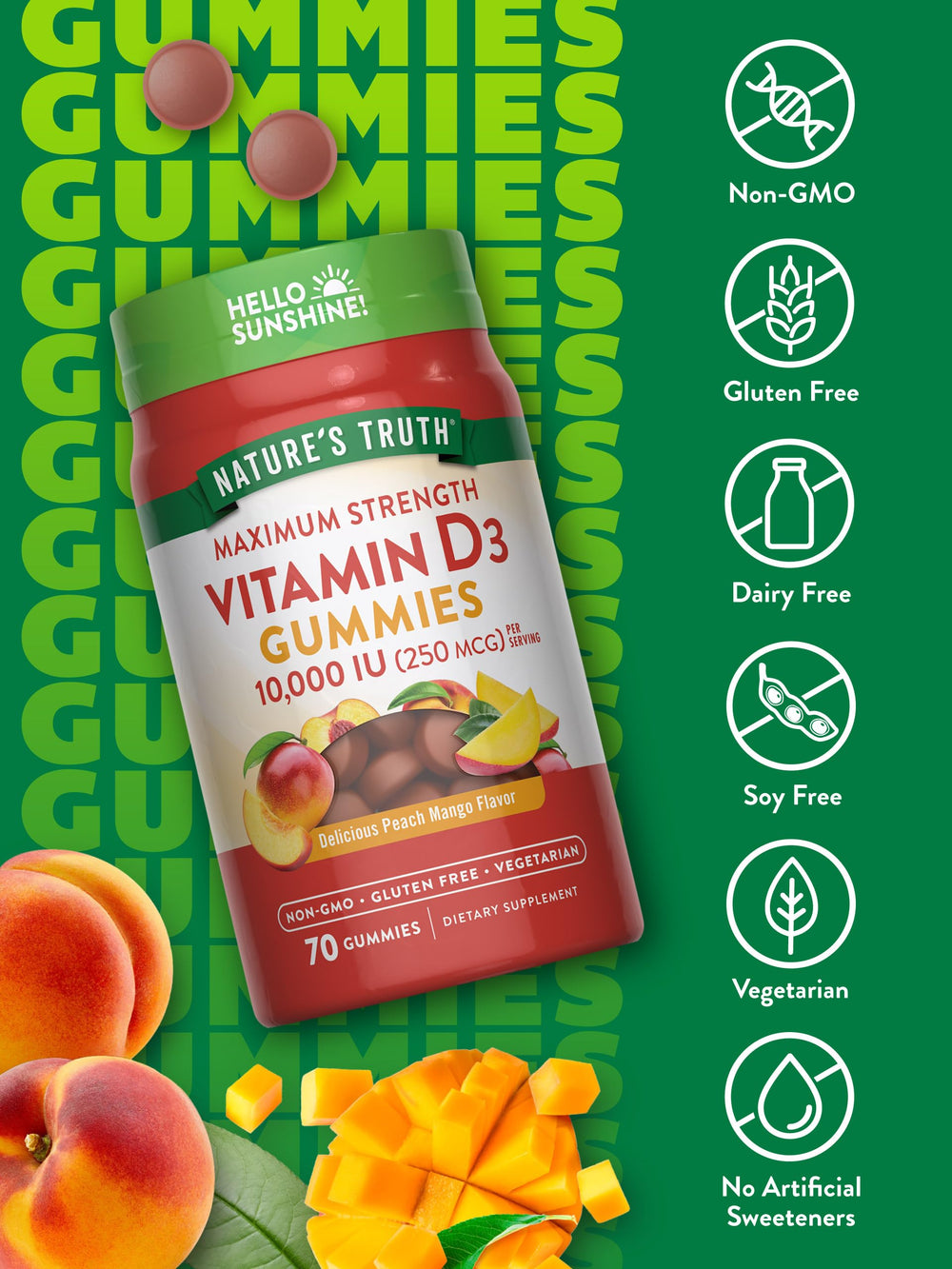 Nature's Truth vitamin D3 gummies packaging front highlighting vegetarian and gluten-free benefits