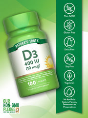Nature's Truth Vitamin D3 label close-up, transparent quality with non-GMO and gluten-free assurance.