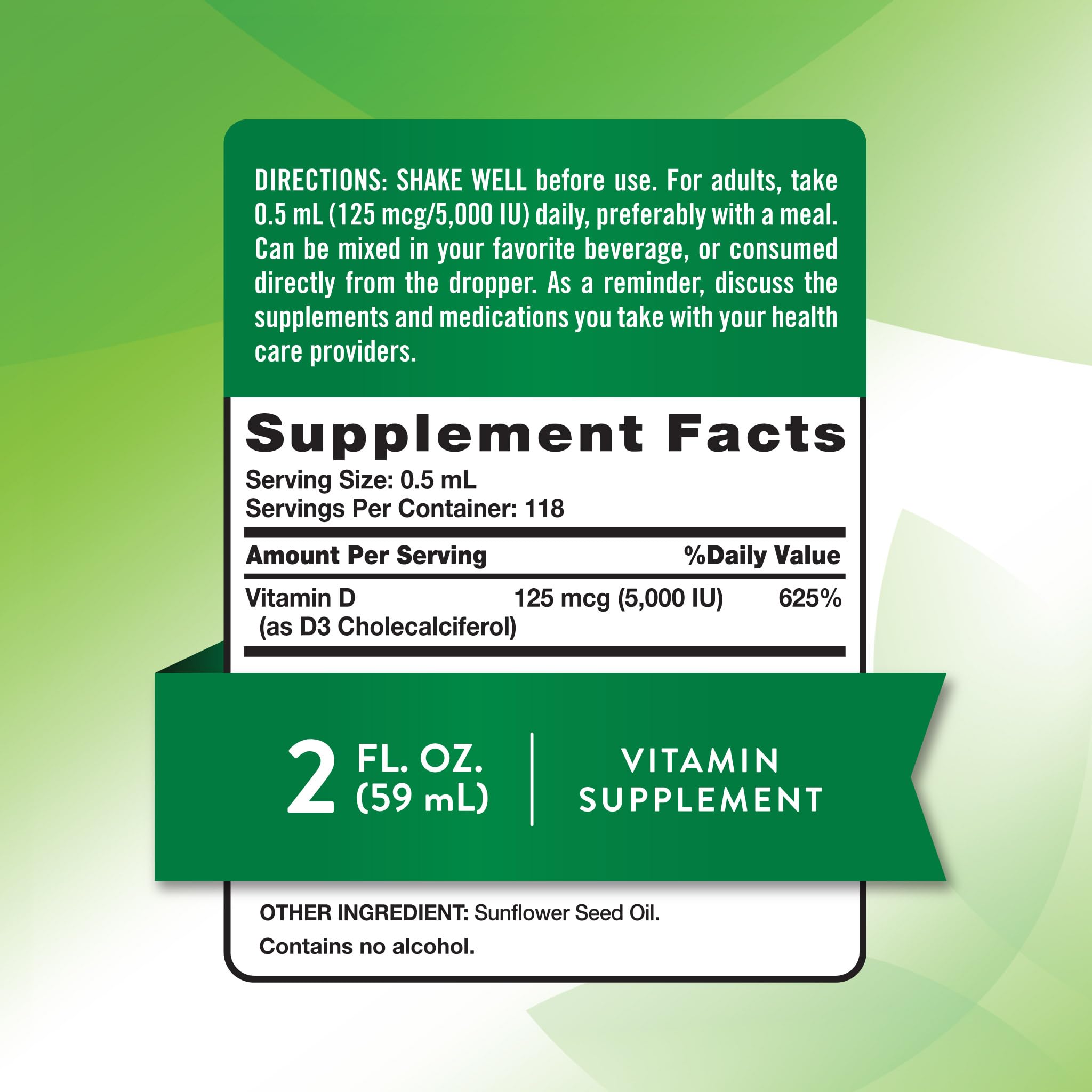 Nature's Truth Vitamin D3 Liquid dropper close-up, easy dosing for fast absorption