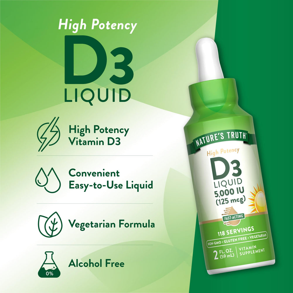 Nature's Truth Vitamin D3 Liquid glass bottle, easy to measure and drizzle
