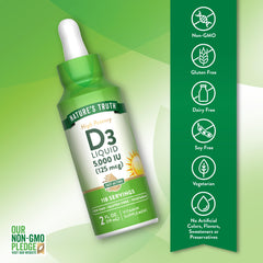 Nature's Truth Vitamin D3 Liquid label detail, highlighting gluten-free, non-GMO formula