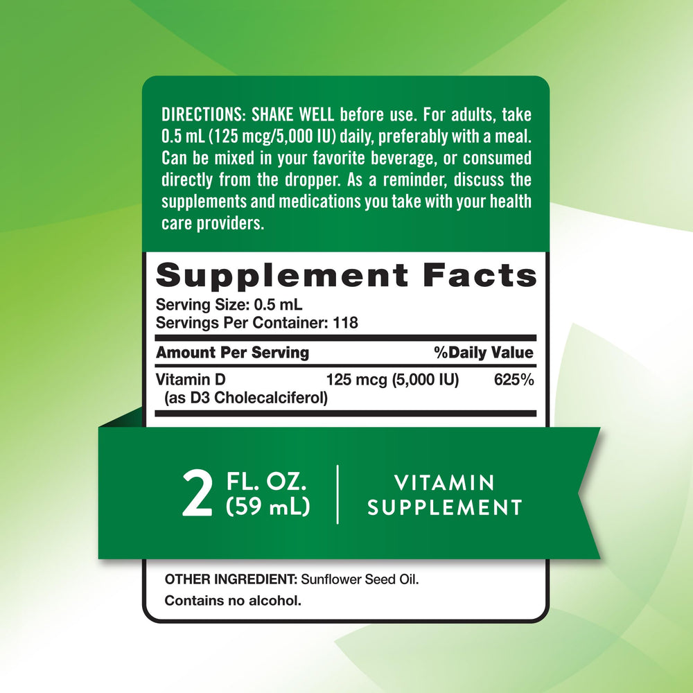 Nature's Truth Vitamin D3 Liquid pour demonstrates easy, fast-dissolving dosing.