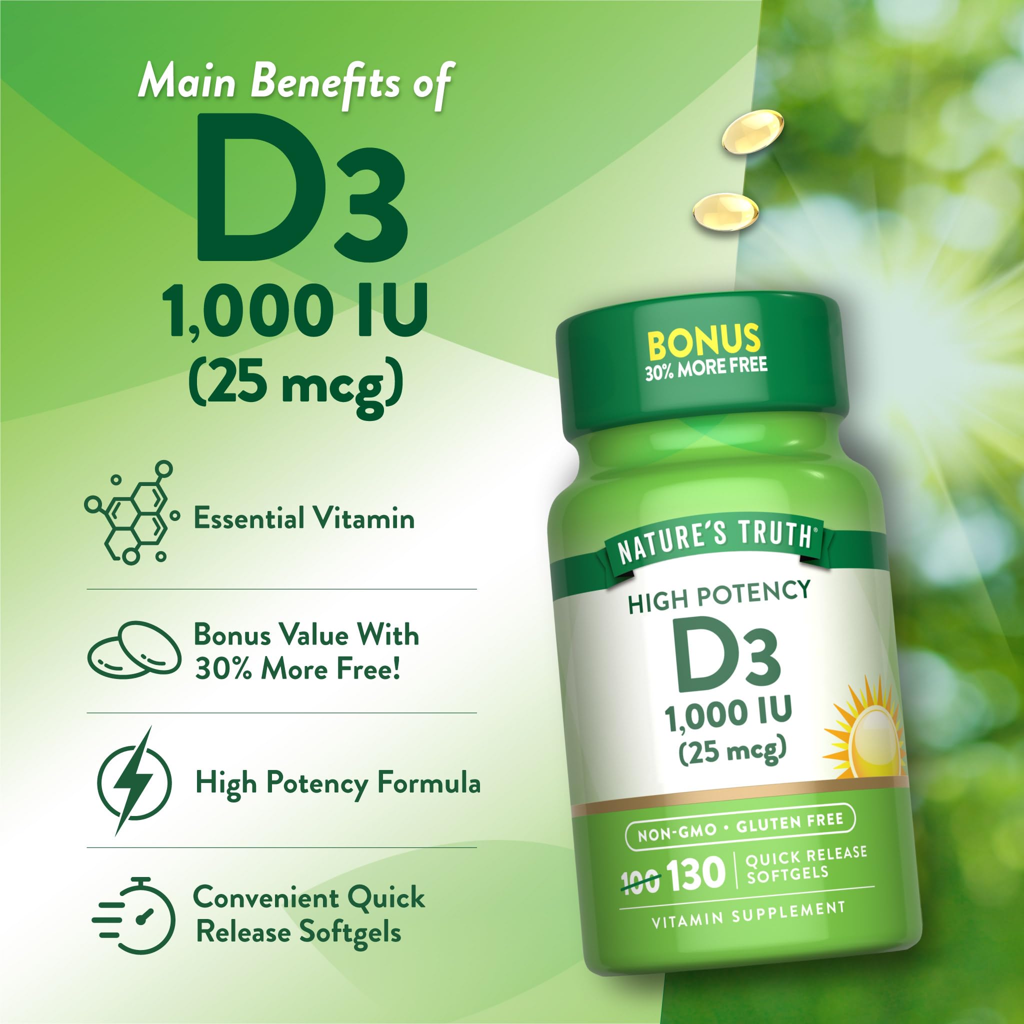 Nature's Truth D3 bottle badge indicates non-GMO and gluten-free status.