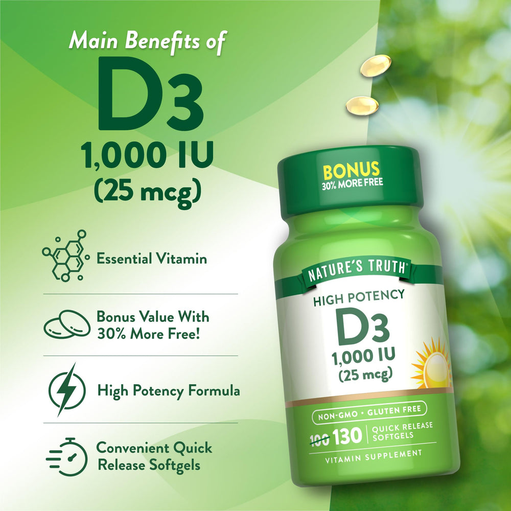 Nature's Truth D3 bottle badge indicates non-GMO and gluten-free status.