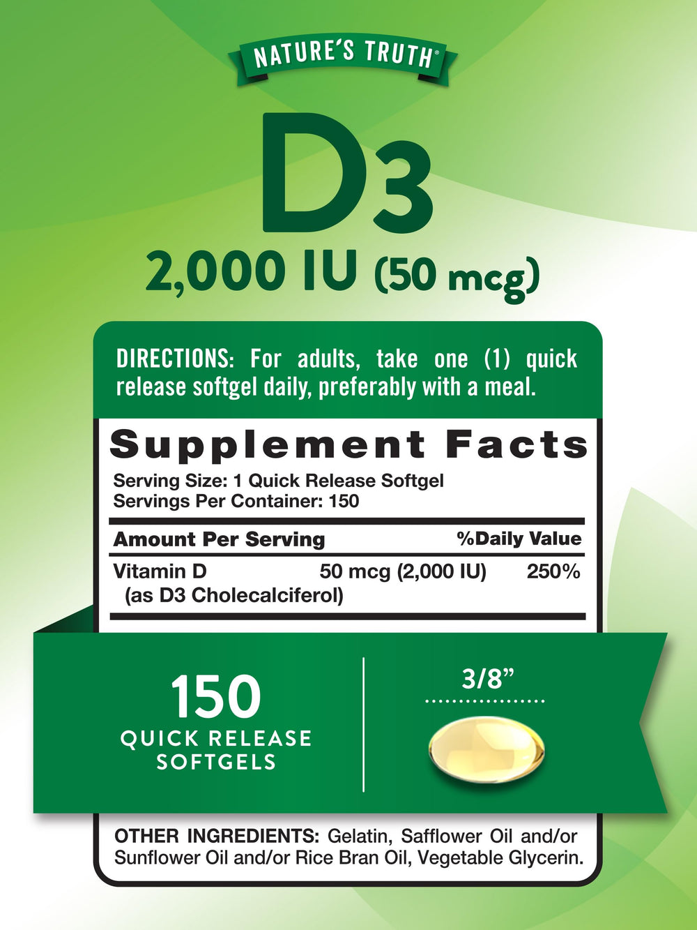 Nature's Truth Vitamin D3 softgel label highlighting purity and potency