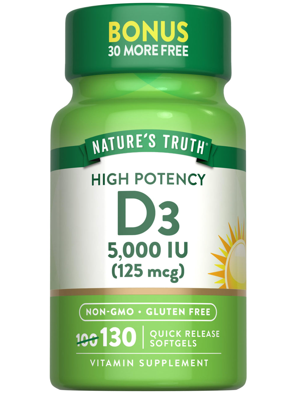Nature's Truth Vitamin D3 softgels bottle, high-potency daily supplement in easy-to-swallow capsules.