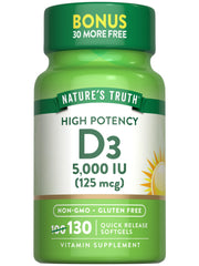 Nature's Truth Vitamin D3 softgels bottle, high-potency daily supplement in easy-to-swallow capsules.