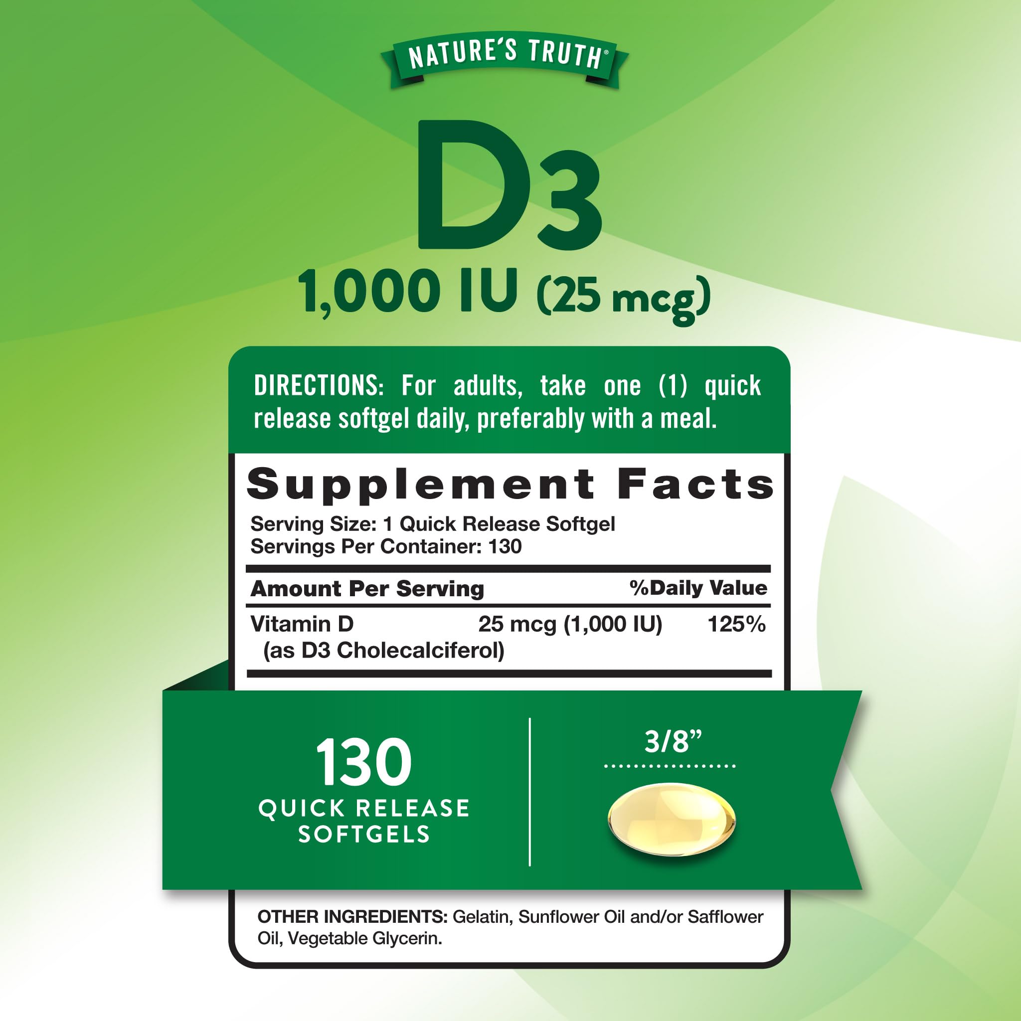 Nature's Truth D3 softgels closeup emphasizes easy-to-swallow capsules.