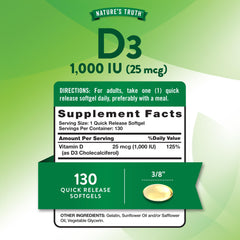 Nature's Truth D3 softgels closeup emphasizes easy-to-swallow capsules.