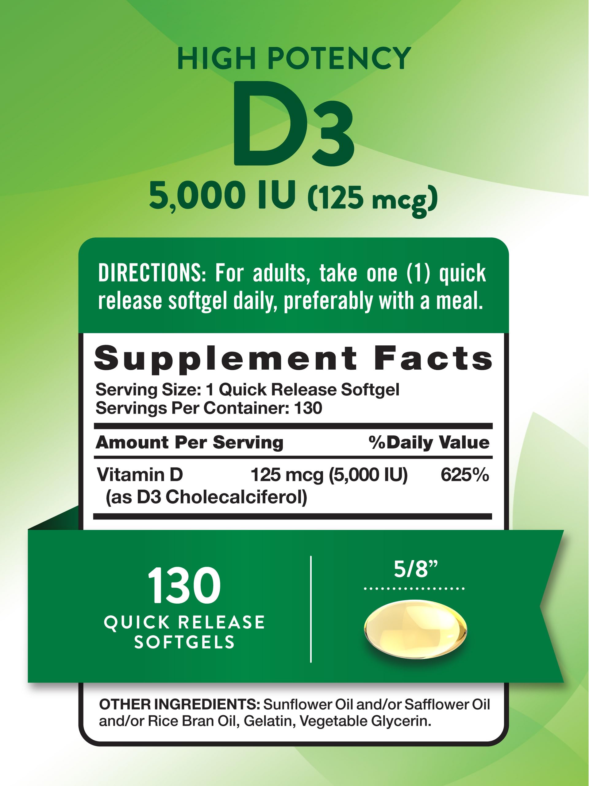 Close-up of Nature's Truth Vitamin D3 softgels highlighting the easy-to-take format.