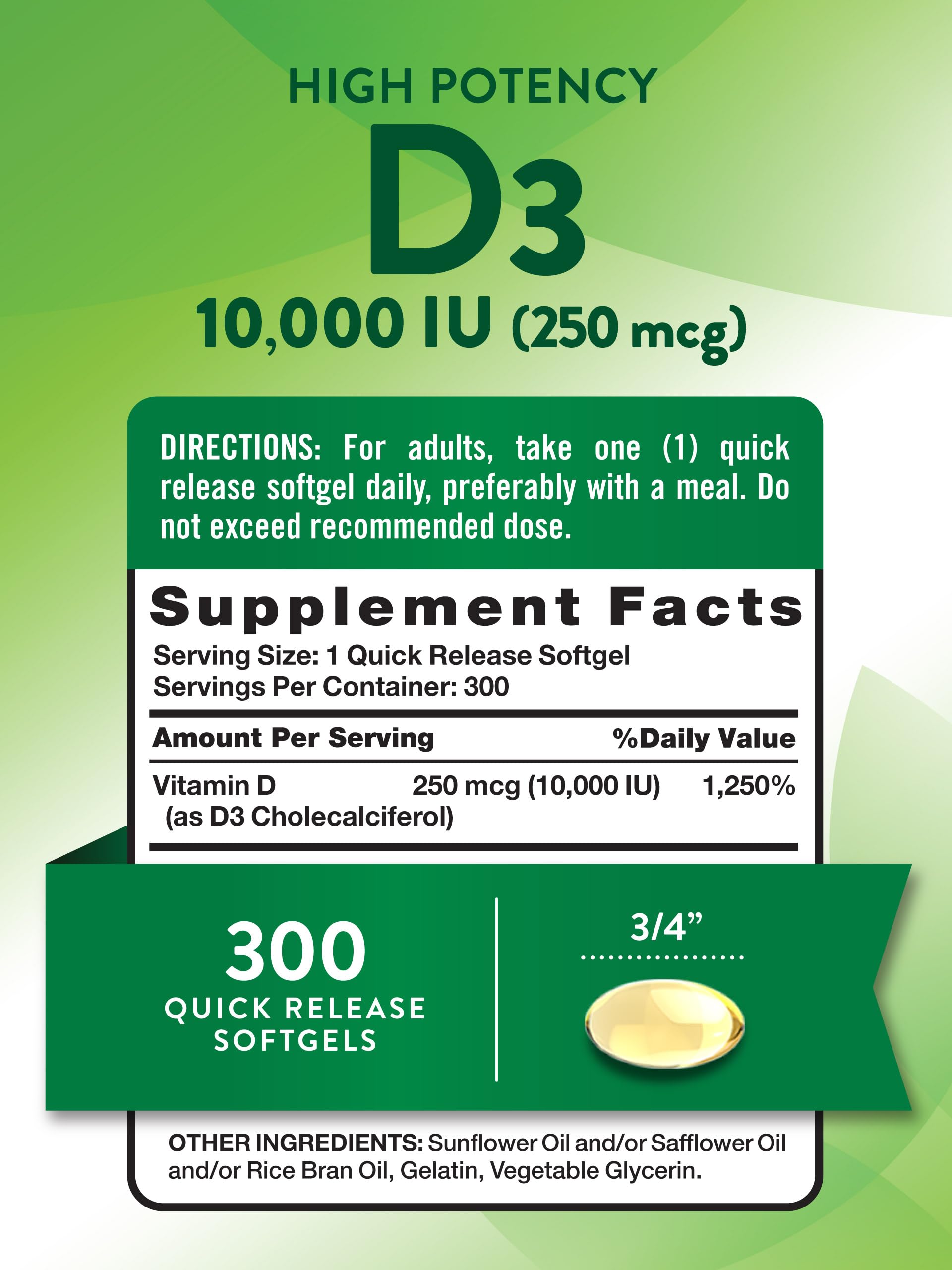 Nature's Truth Vitamin D3 softgels close-up showing quick-release capsules.