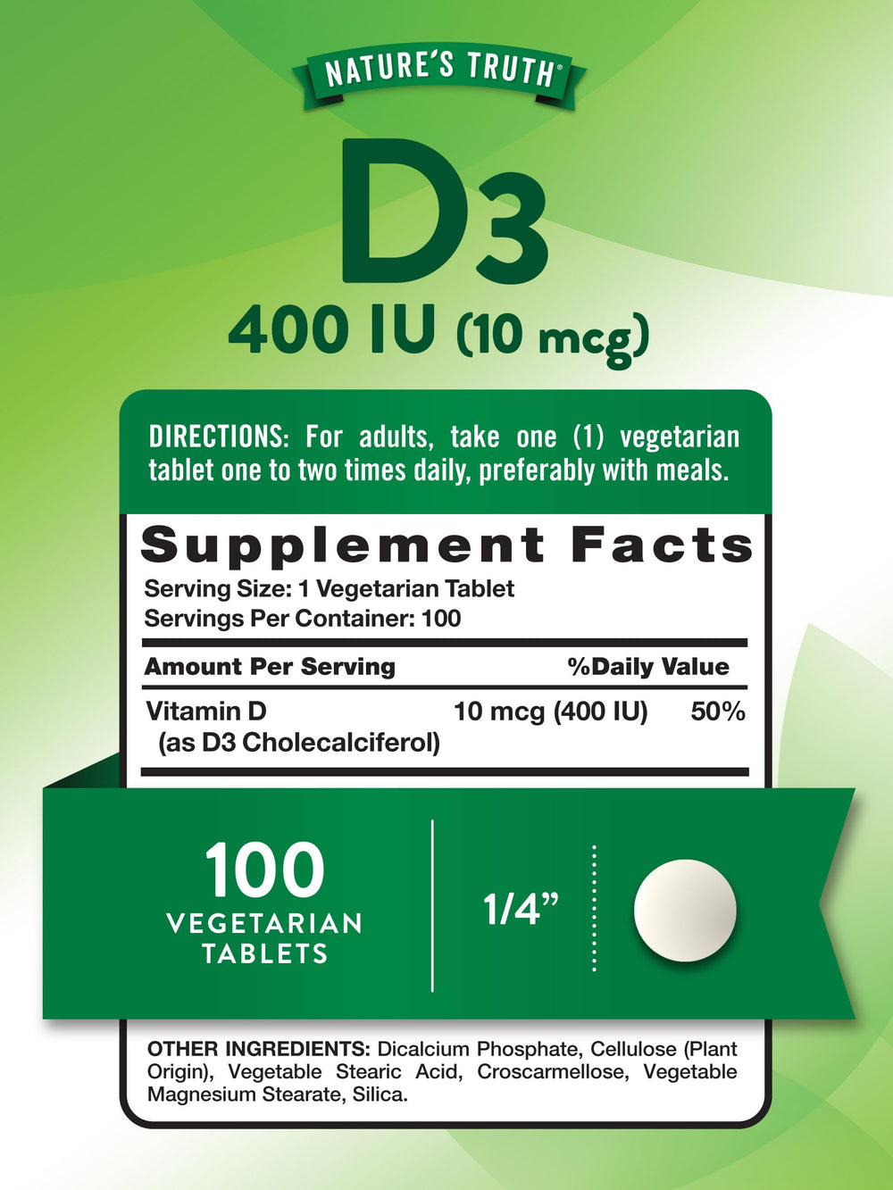 Nature's Truth Vitamin D3 tablets close-up, easy-to-take vegetarian tablets for consistent daily intake.