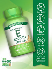 Nature's Truth Vitamin E bottle label displays non-GMO and gluten-free features