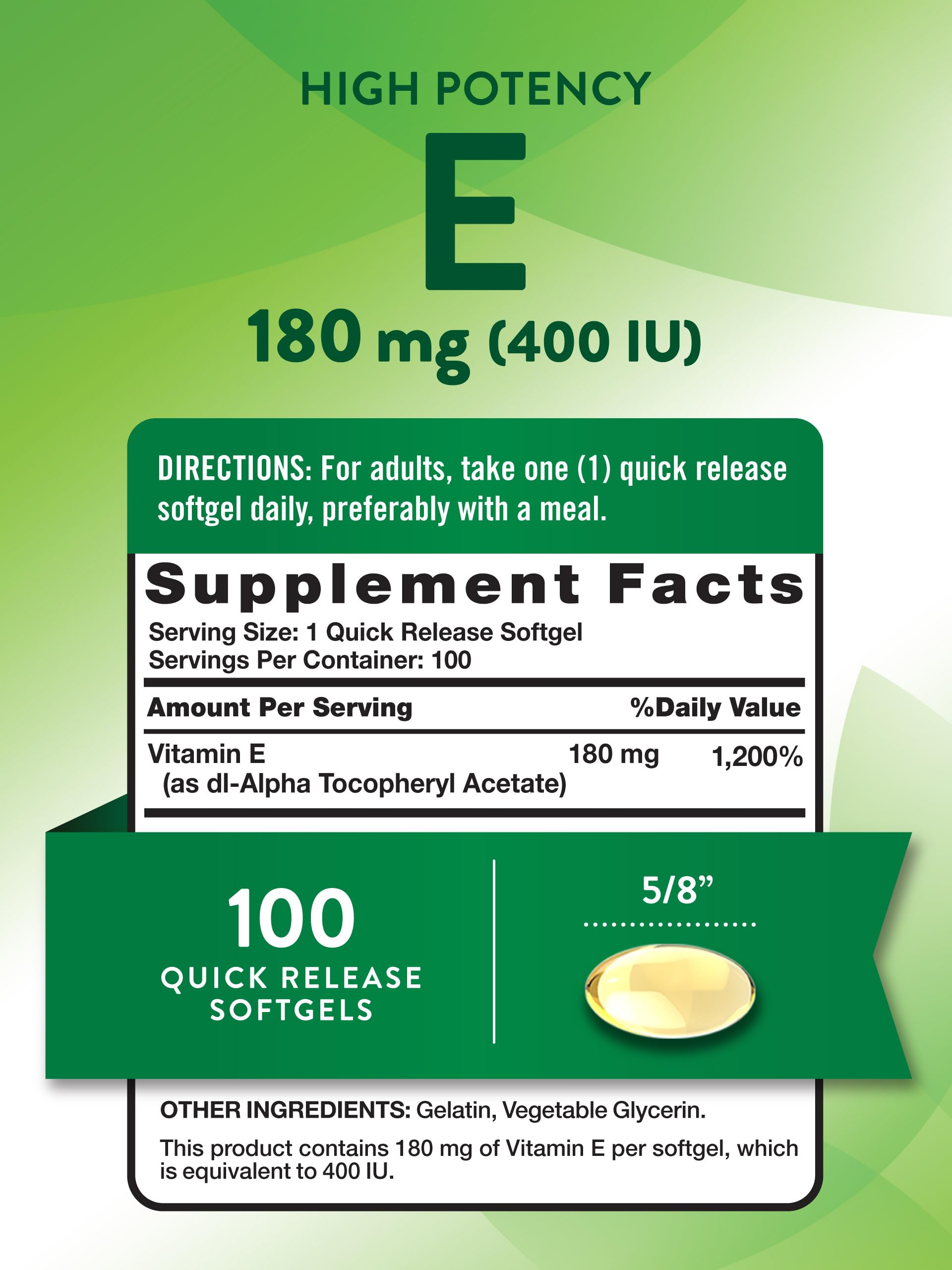 Close-up of Nature's Truth Vitamin E softgels highlighting smooth, easy-to-swallow capsules