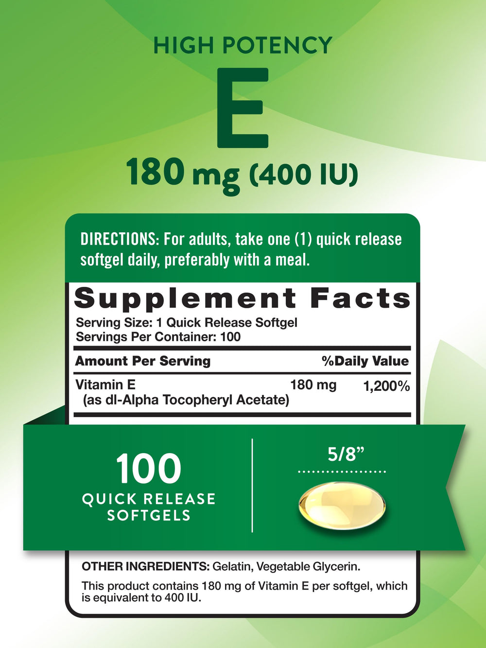 Close-up of Nature's Truth Vitamin E softgels highlighting smooth, easy-to-swallow capsules
