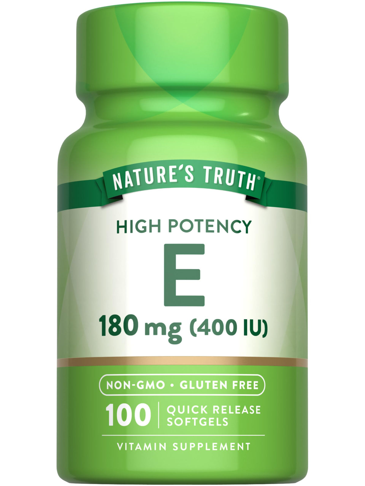 Nature's Truth Vitamin E softgels bottle showing 400 IU potency for daily use