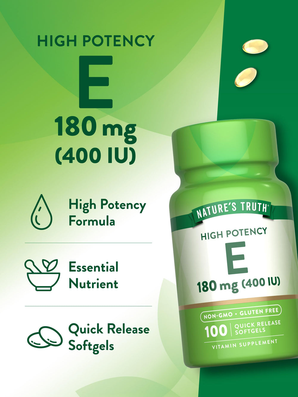 Front view of Nature's Truth Vitamin E softgels packaging for convenient storage