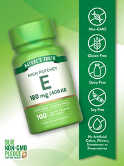 Label on Nature's Truth Vitamin E bottle noting gluten-free and non-GMO formulation