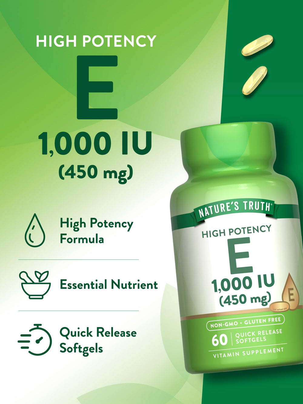 Opened Nature's Truth Vitamin E bottle showing intact softgels