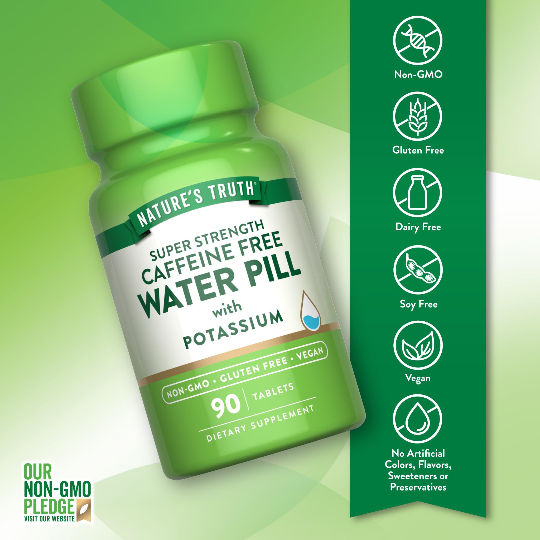 Nature's Truth Water Pill potassium label highlights caffeine-free vegan formula.