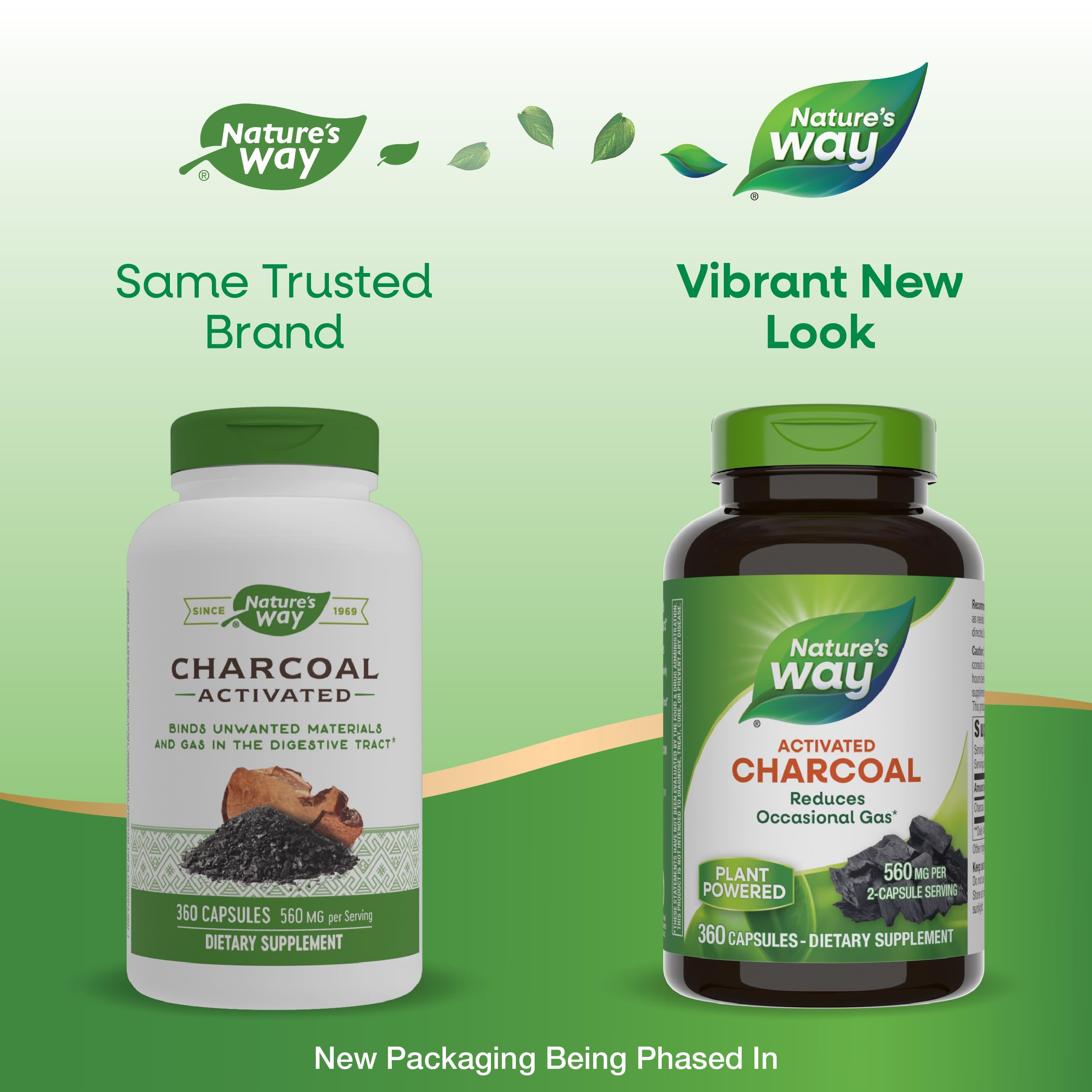 Nature's Way Activated Charcoal bottle pouring capsules—mess-free alternative to powders