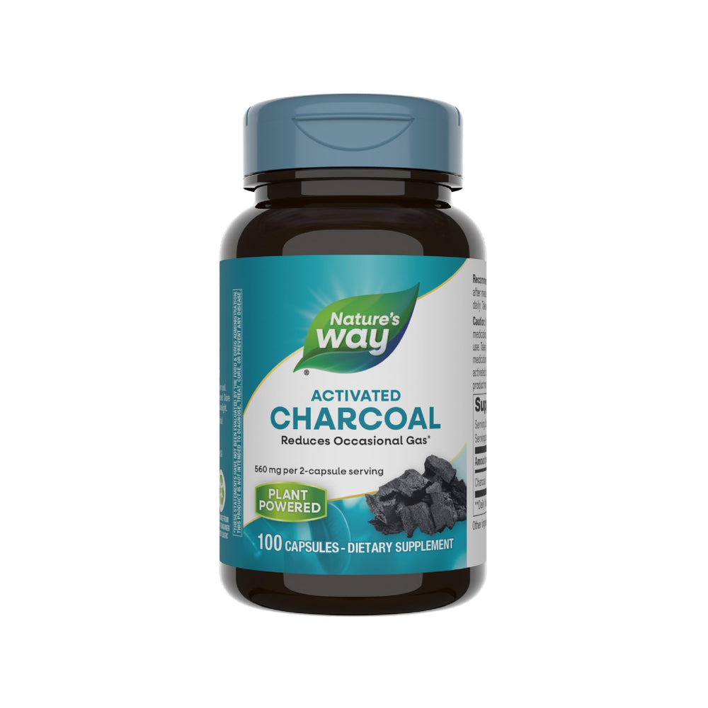 Nature's Way Activated Charcoal bottle pour showing convenient capsules for gas support