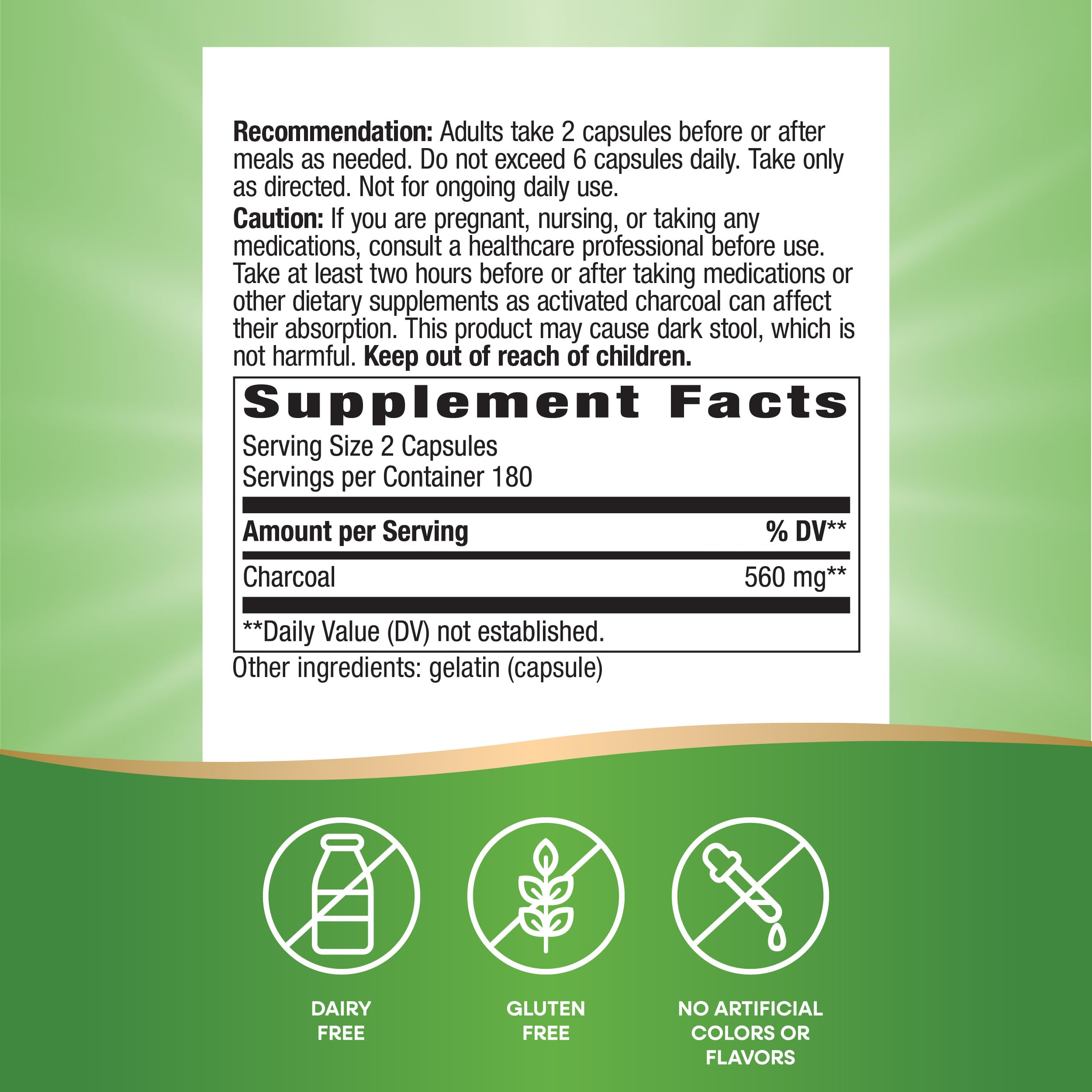 Nature's Way Activated Charcoal capsules close-up showing easy-to-swallow formula for everyday use