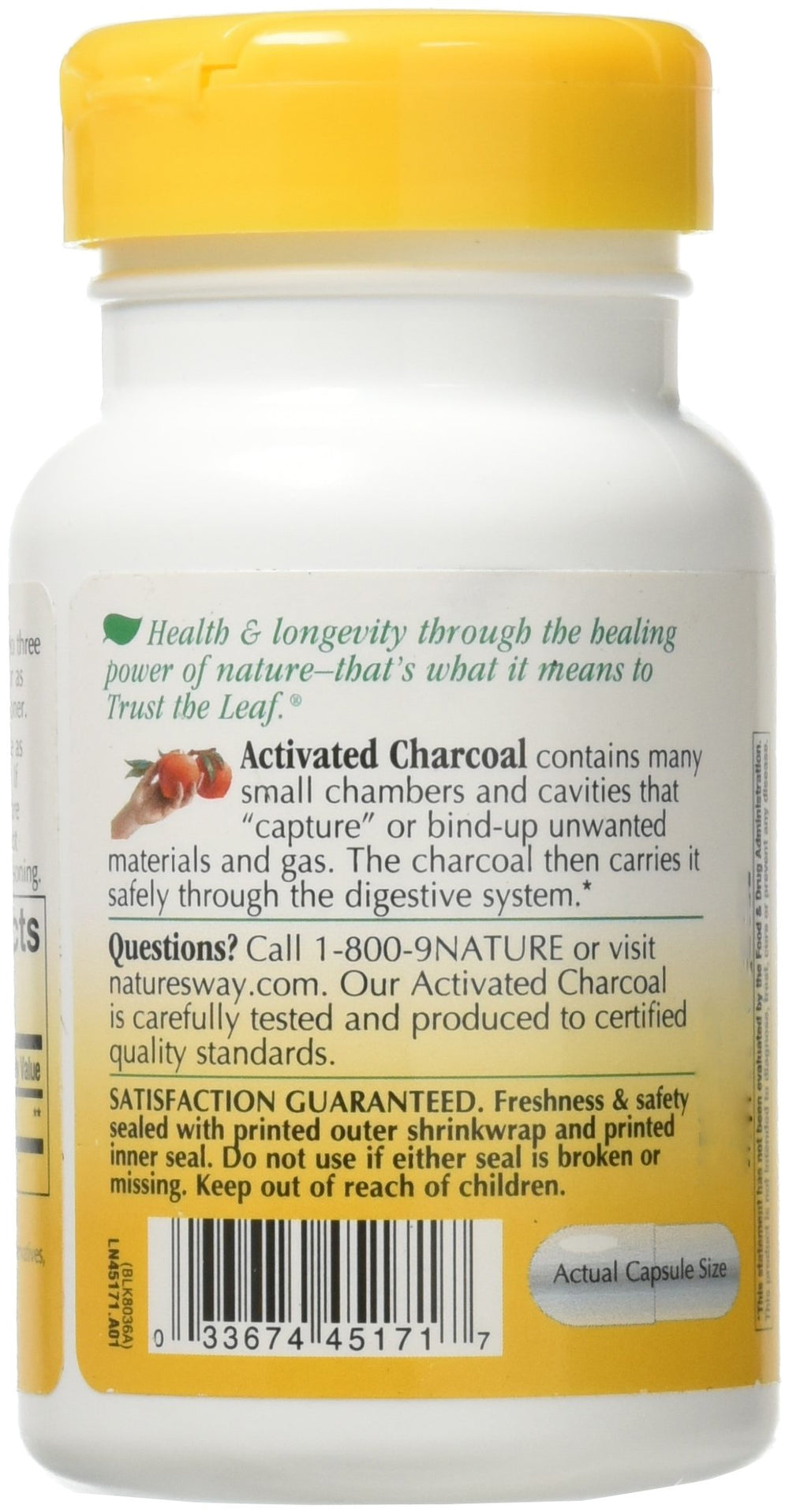 Nature's Way Activated Charcoal capsules close-up showing 560 mg per serving