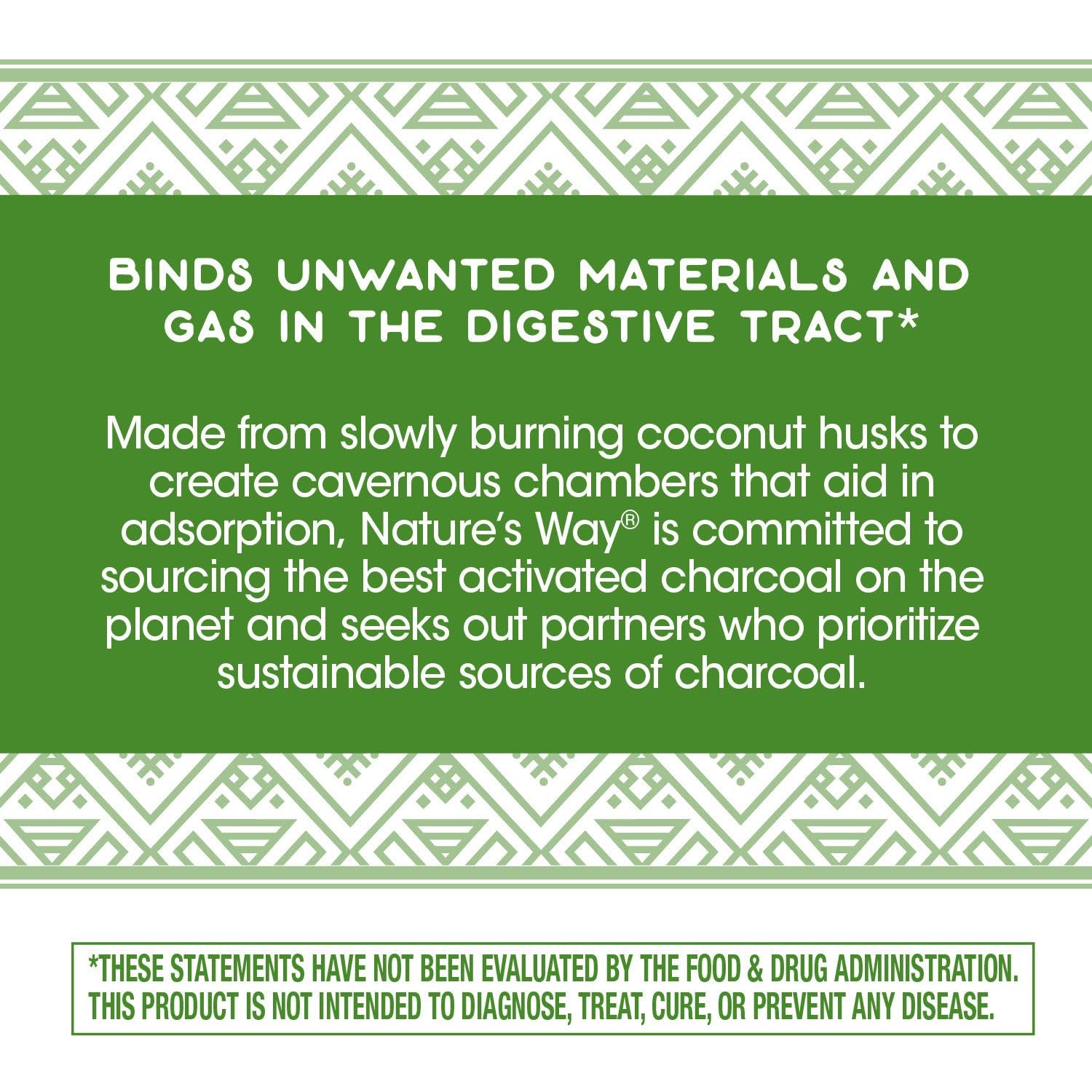 Nature's Way Activated Charcoal ingredients panel with serving details.
