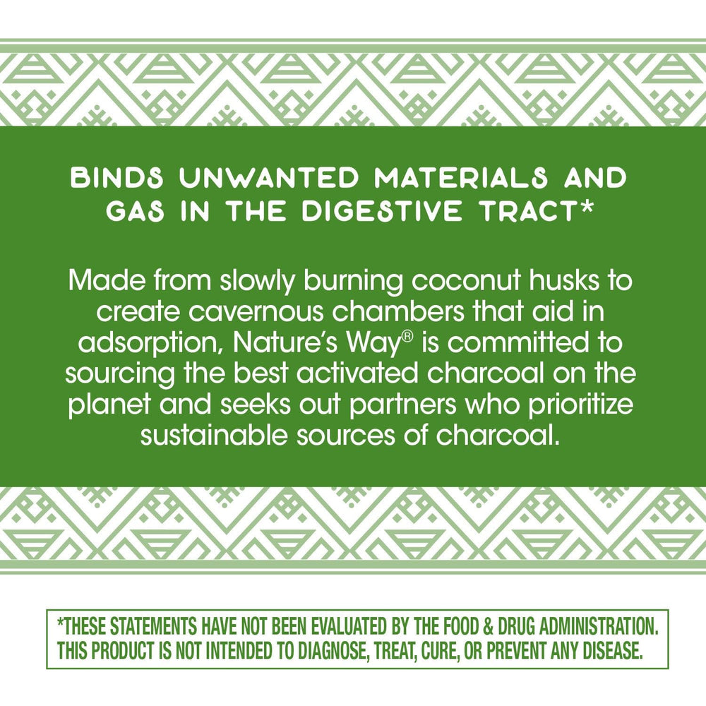 Nature's Way Activated Charcoal ingredients panel with serving details.