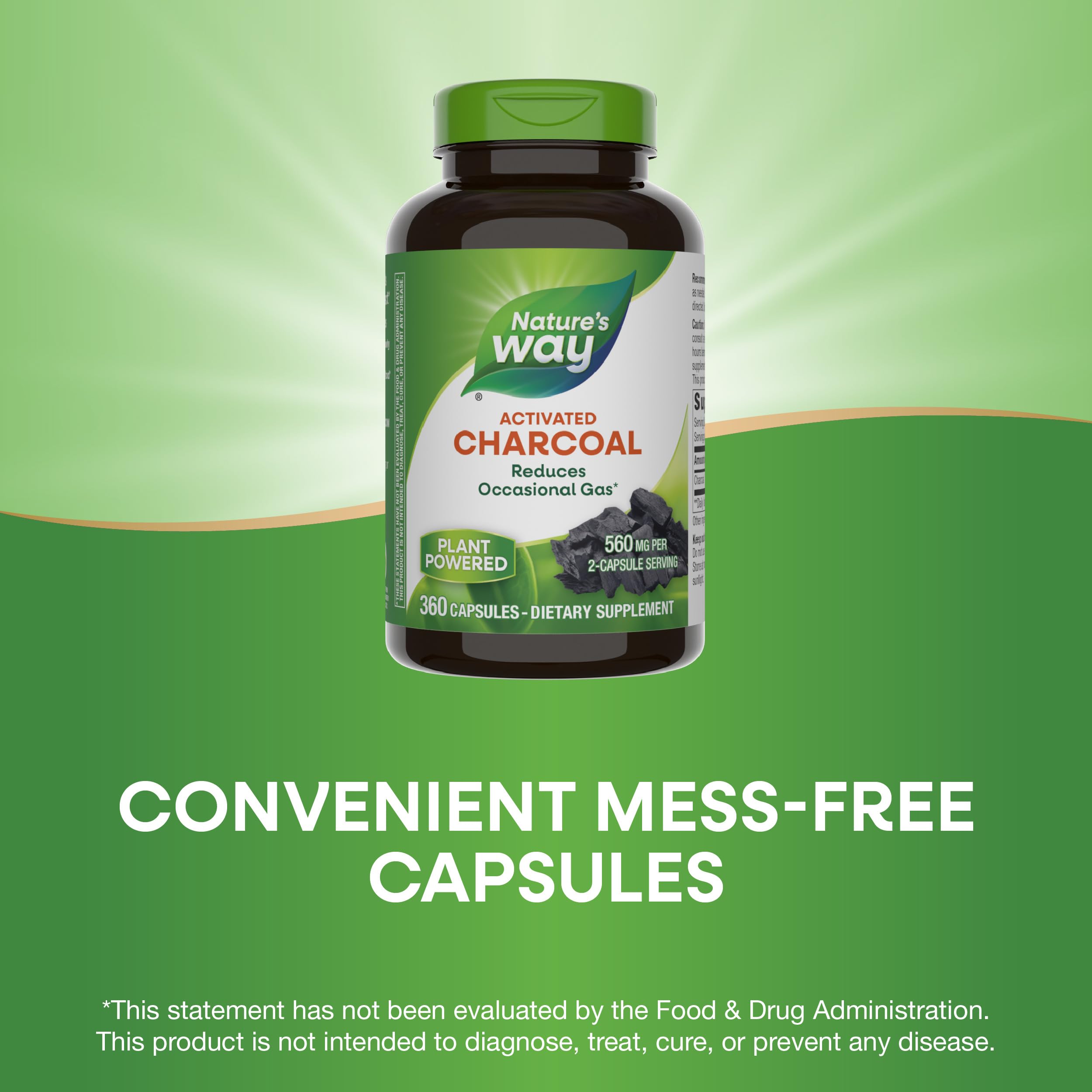 Nature's Way Activated Charcoal 360 capsules bottle, long-lasting supply