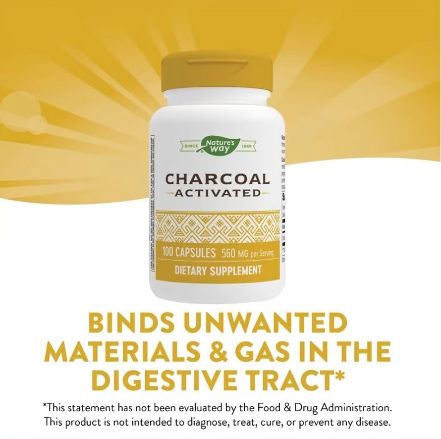 Nature's Way charcoal capsules in a travel-friendly container for on the go use