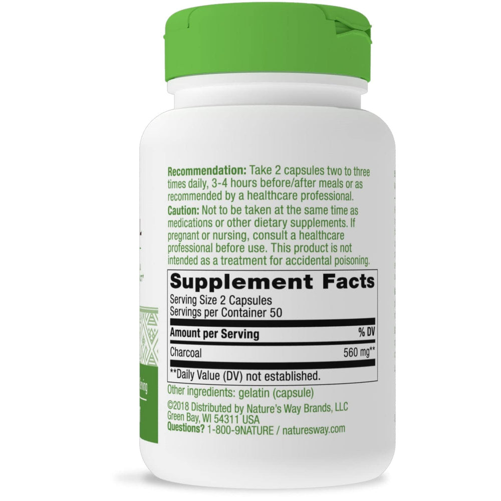 Nature's Way Activated Charcoal label highlights certified quality standards.