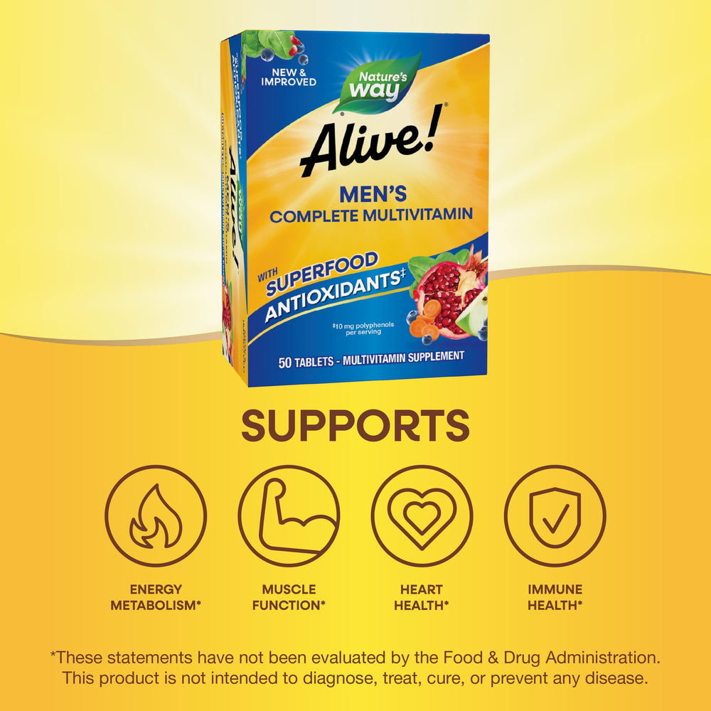 Nature's Way Alive! Men's Complete Multivitamin bottle supports daily energy-focused nutrition.
