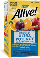 Nature's Way Alive! Once Daily Men's 50+ Ultra tablets on a clean surface for easy daily use.