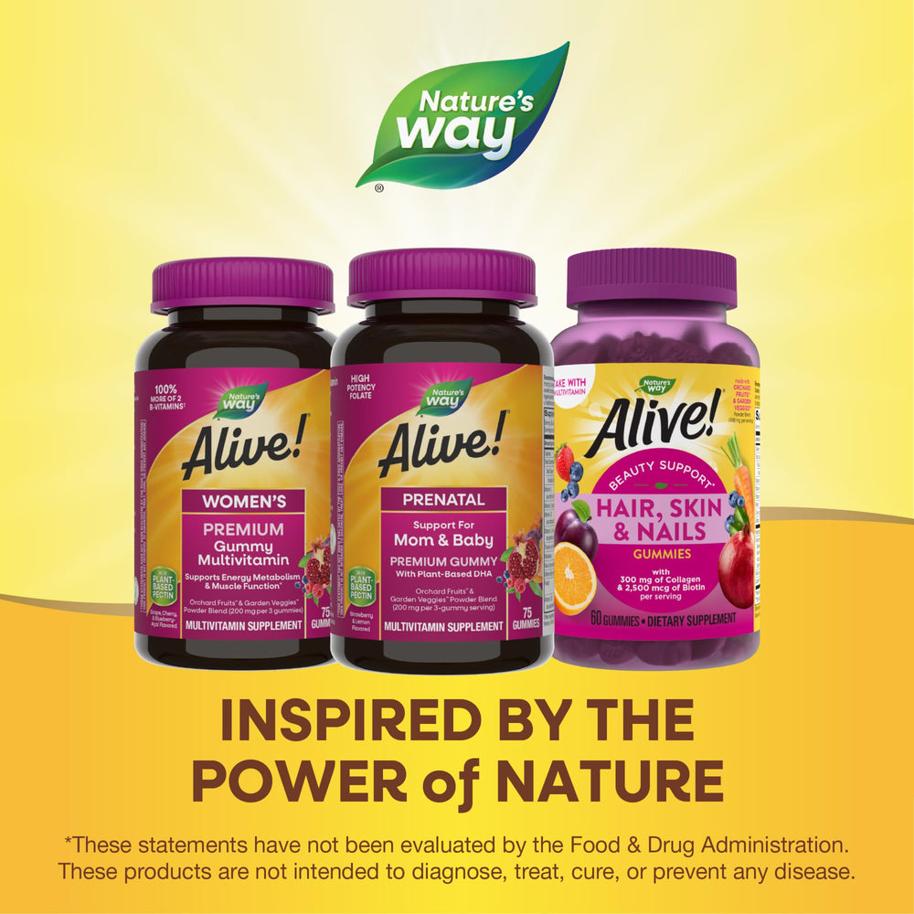 Nature's Way Alive Prenatal fruit-veggies blend close-up—orchard fruits and garden veggies.