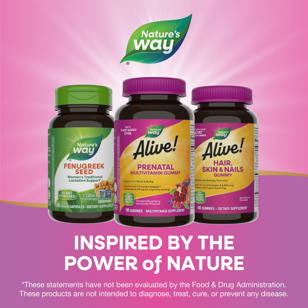 Nature's Way Alive Prenatal usage guide showing chew two gummies daily