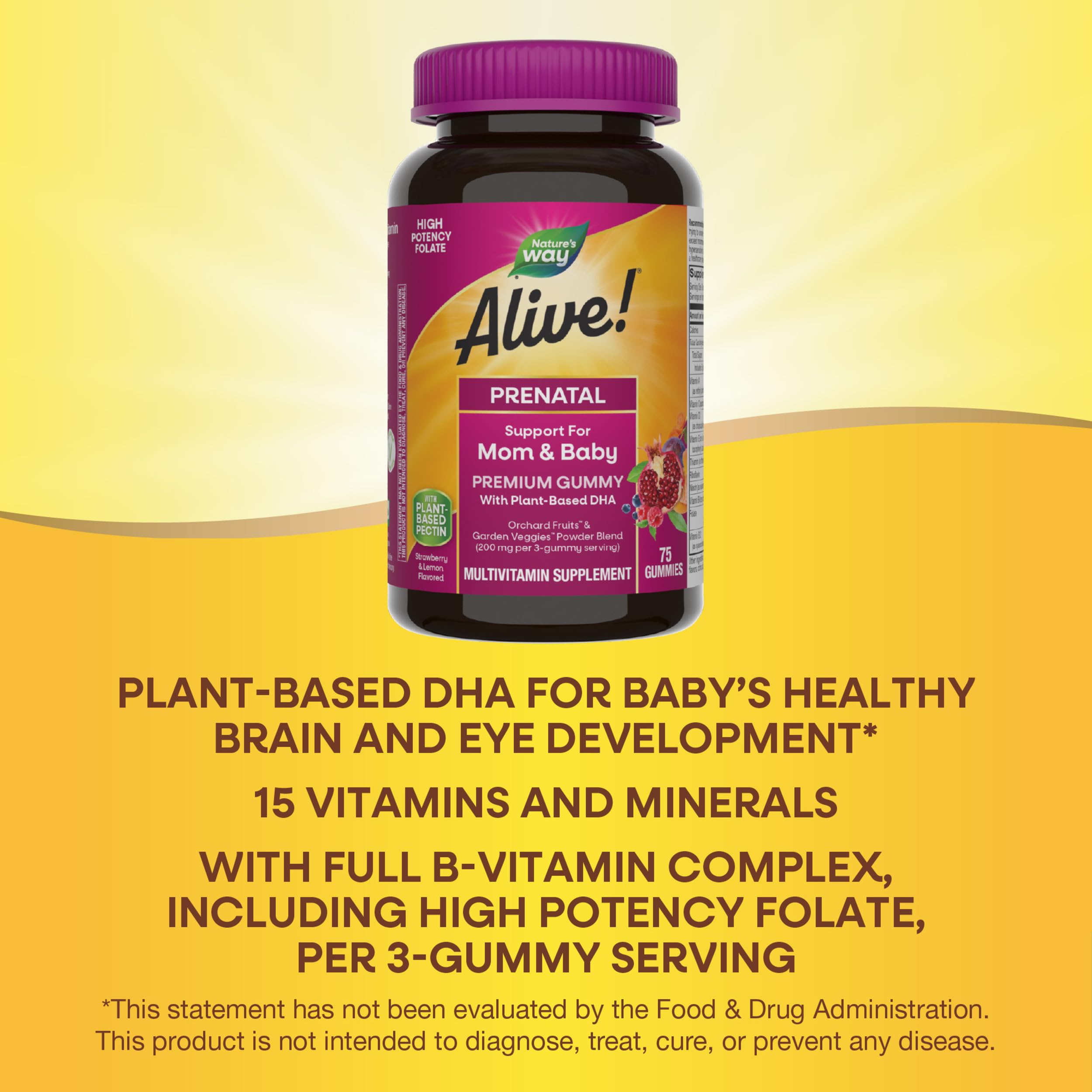 Nature's Way Alive Prenatal ingredients close-up—15 vitamins and minerals featured.
