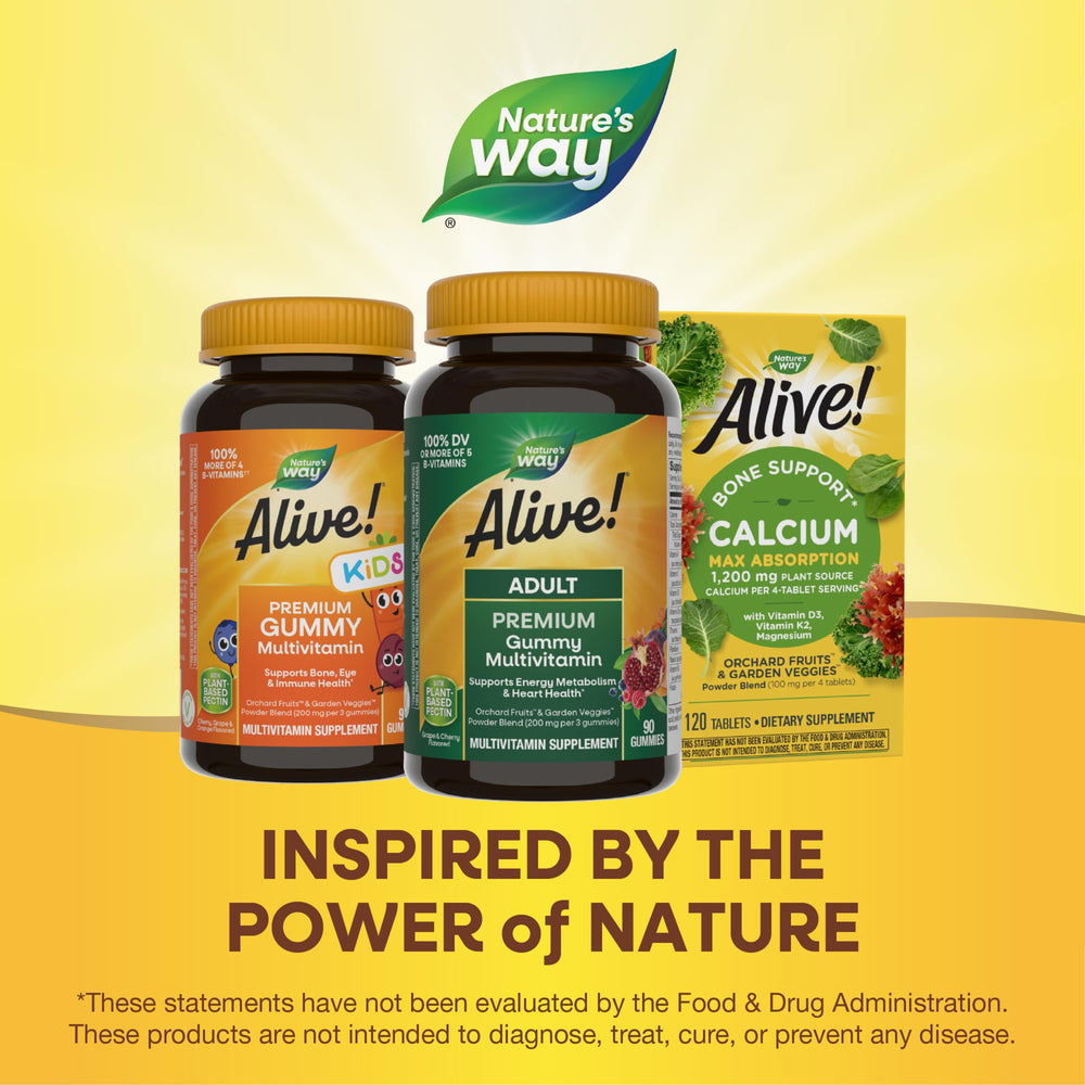 Nature's Way Alive! packaging display emphasizing heart, immune, and bone support
