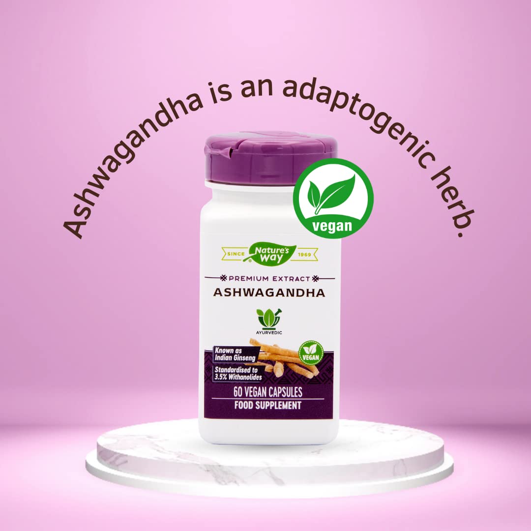 Nature's Way Ashwagandha bottle back highlighting ingredients and 60 veggie capsules.