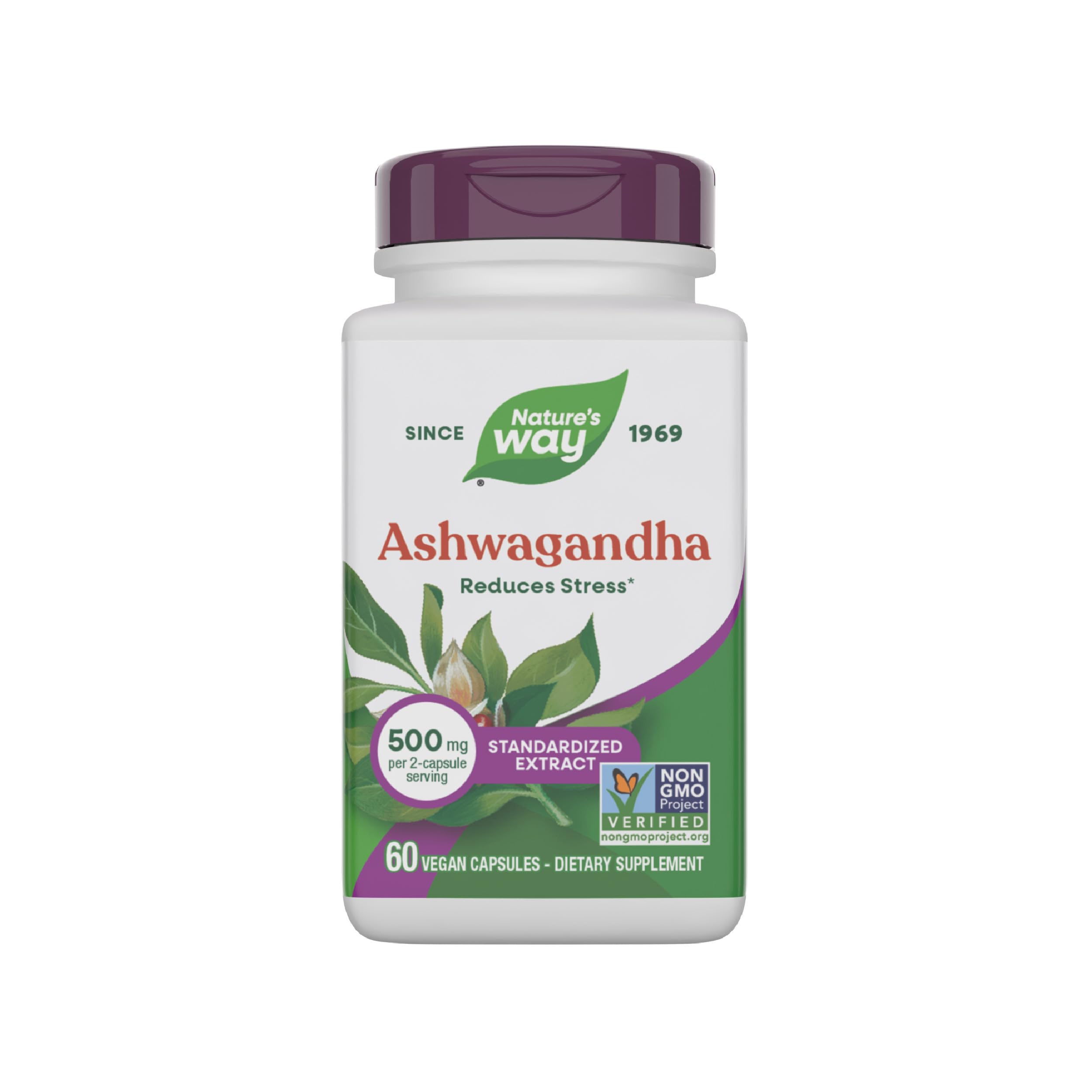 Nature's Way Ashwagandha bottle front highlights daily stress support.