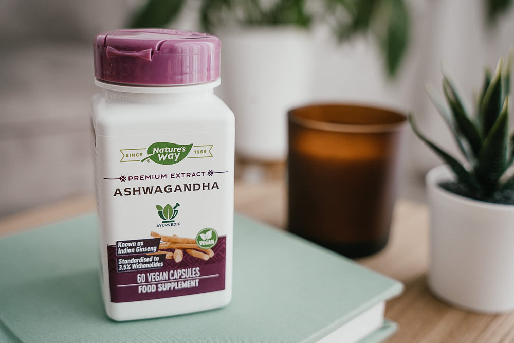 Nature's Way Ashwagandha ingredients panel emphasizing natural roots and formulation.