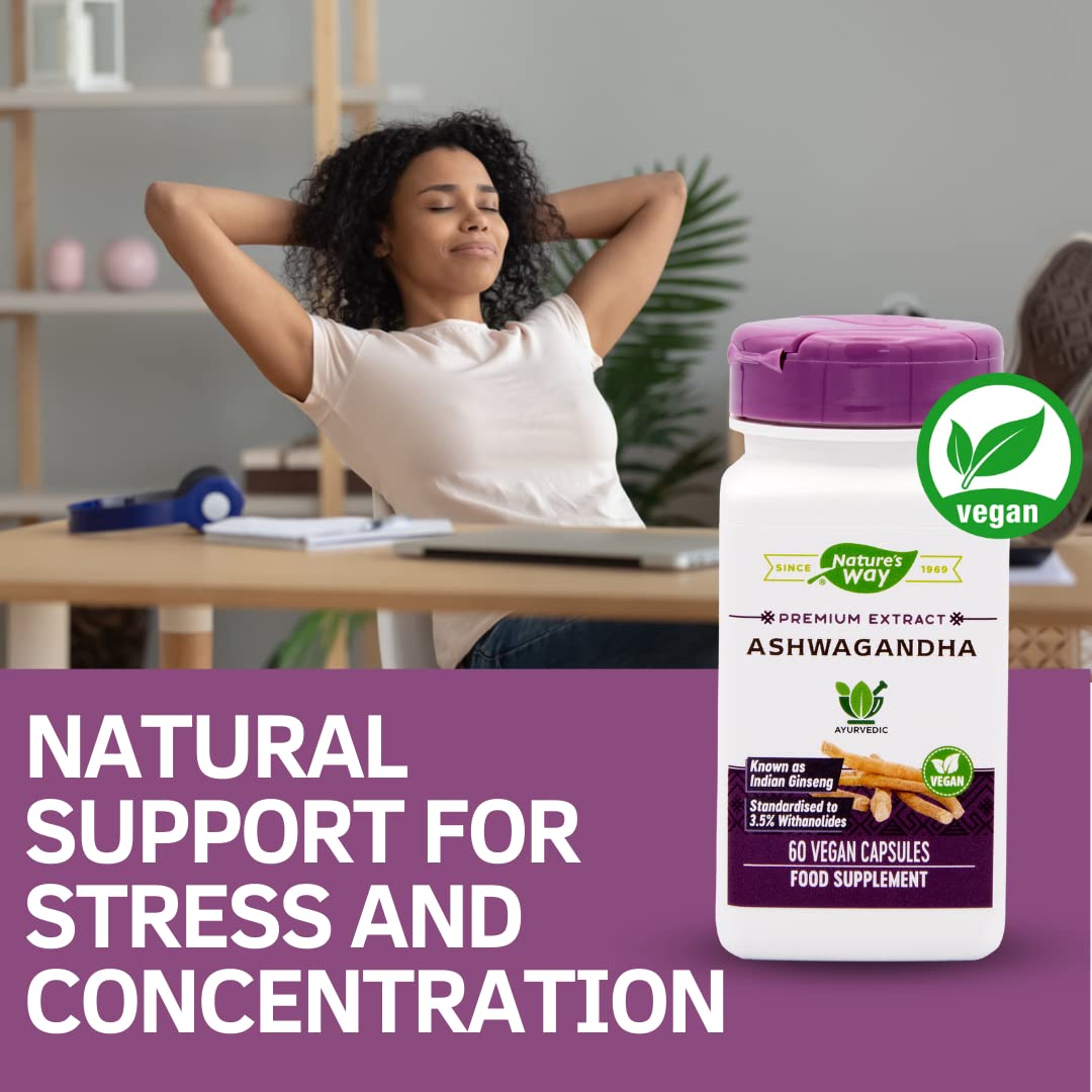 Nature's Way Ashwagandha label closeup showing a plant-based formulation.